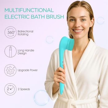 Electric Body Brush Back Scrubber Silicone Body Scrubber Two-Way Rotating Brush Head for Deep Cleaning, Exfoliation, 4 Attachments Long Handle IPX6 Rechargeable Shower Brush (Blue)