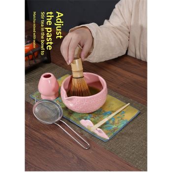 7pcs Matcha Whisk Set- Matcha Set includes Matcha Whisk and Bowl with Spout, Sifter, Holder and Scoop- The Perfect Bamboo Whisk for Matcha Tea (Pink Flowers)