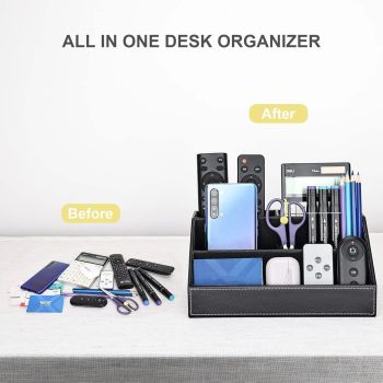 Pu Leather Desk Organizer with 5 Compartments Holder, Multi-Functional Office Supplies Storage Caddy for Pen/Pencil, Phones, Remote Controller and Desktop Accessorie Black（Only storage box）