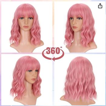 14Inches Loose Wave  Wig Wavy Pink Bob Wig with Air Bang Curly Hair Wigs Synthetic Cosplay Party Wigs for Women (14Inches,Solid Pink)