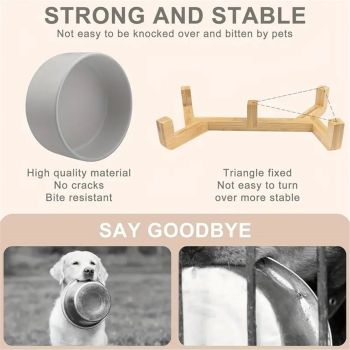 Ceramic Dog and Cat Bowl with Wood Stand Non-Slip Matte Glaze Weighted Food Water Set for Cats &Small Dogs 13.5OZ