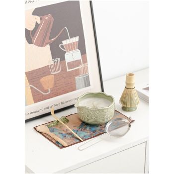 Matcha Whisk Set, Ceramic Matcha Kit Set Includes Matcha Bowl, and Holder, Bamboo Scoop, Scoop Rest, Sifter and Tea Towel - 8 Pcs Matcha Kit for Matcha Lovers (Mottled Green)