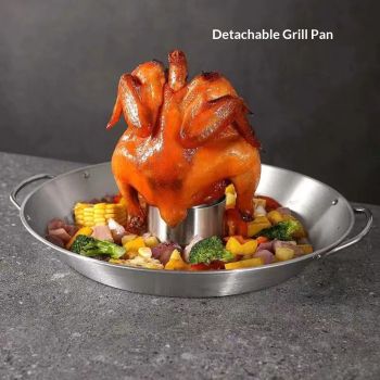 Beer Can Chicken Holder, 12 Inch Stainless Steel Grill, BBQ Roaster Cooker Stand Vertical Grilling Accessories Rack for Vegetables Basket Large Size Round Pan