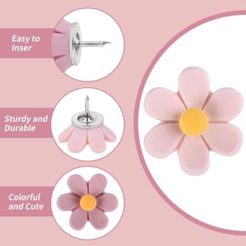 Flower Push Pins, 100pcs Pins for Cork Board Pink Decorative Thumb Tacks Cute Fun Photo Wall, Feature Map, Bulletin Board, Office or Home