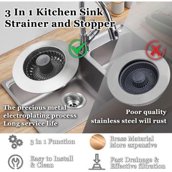 2pcs 3 in 1 Kitchen Sink Stopper, Pop Up Kitchen Sink Drain Strainer, Kitchen Sink Drain Stopper for US Standard , Brass Material Electroplate Silver