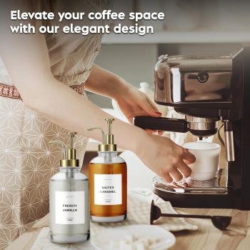 Syrup Dispenser for Coffee Bars, Glass Syrup Bottle w. Pump, 16.9 oz 500 ml, Set of 2, Gold Upgraded Dispenser