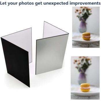(2 Pcs) Light Reflector 3 in 1 Photography Reflector Cardboard, A4 (12x8 Inch) Size Folding Light Diffuser Board for Still Life, Product and Food Photo Shooting - Black, Silver and White, 2 Pack