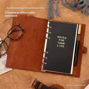 Refillable A5 Leather Binder Notebook, Reusable Leather Journal, Vintage Organizer with 6-Ring Binder, 160 Pages Lined Paper & Pocket, for Writers Business Work Study College and Daily, Light Brown