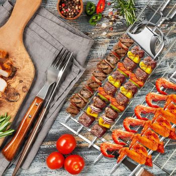 Skewers for kabobs,4-PCS 14 Inch 3-Prong Kabob Skewers for Grilling,Stainless Steel Skewer,With Push Bar Reusable Metal Skewer,Kabob Sticks,Perfect For Meat,Chicken,Sausages,Veggies,shrimp
