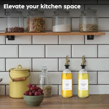 Olive Oil Dispenser Bottle - Includes  Kitchen Essential Labels - Cooking Oil Bottles for Kitchen, Coffee Syrup Dispenser - Pourer Spout with 16.9 fl oz Glass Container Cruet - 2pcs, Gold