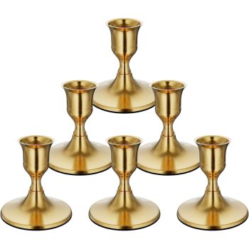 6PCS Brass Gold Taper Candle Holders, Vintage Metal Candlestick Holders for Dinner Room Table Centerpiece or Wedding Party Decor