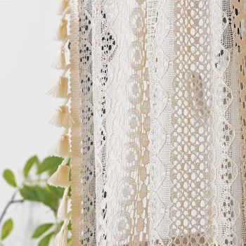 Boho Curtain Crochet Lace with Bohemian Hollow Knitted Handmade Tassels, Short Farmhouse Window Treatment for Kitchen Cafe, Rod Pocket, 1 Panel 59" W x 24" L, Beige