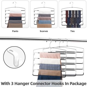 Pants Hangers Non Slip 3 Pack Space Saving Hangers Multi-Layer Swing Arm Pants Hanger Stainless Steel Space Saver Hanger Closet Storage Organizer for Jeans Trouser Slacks Clothes (Black)