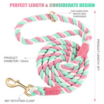 Dog rope 150cm hand woven cotton rope, suitable for small and large dogs, new gold heavy-duty metal buckle (cherry blossom powder 150cm * 1.2cm)