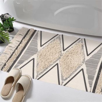Boho Bathroom Rug   Hand Woven Cotton Tufted Chic Diamond Print Tassels Throw Rugs Door Mat Indoor Area Rugs for Bedroom, Living Room, Laundry Room（60*90cm）