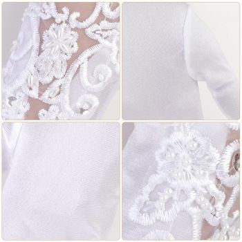 Elegant Satin Lace Gloves Long Bridal Gloves for Bride Flower Girls Women Wedding Prom Party（Hand embroidered bead white）