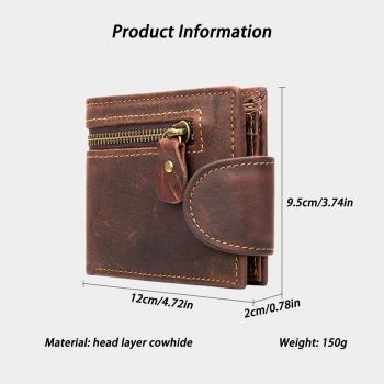Leather Snap Wallet for Men, Multifunctional Large Capacity Vintage Wallet Bifold Zipper Wallet Men Short Head Cowhide Wallet (Brown)