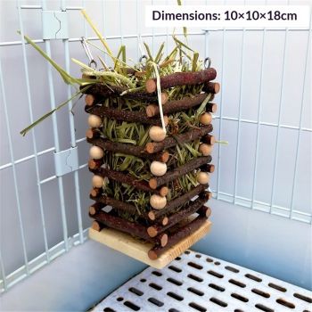 Hanging Apple Wood Rabbit Hay Feeder - Guinea Pig Grass Holder with 2 Hooks Biting Resistant Small Animals Chew Toy, Feeding Hay Manager Shelf （Add white bead style）