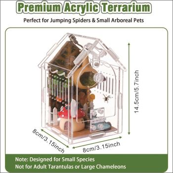 Jumping Spider Enclosure - Internal Dimensions  Acrylic Terrarium Kit for Tarantulas/Mantis/Reptiles with Magnetic Door, Ventilation & Easy Assembly（Single hinge page）