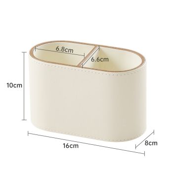 PU Leather Pen Holder for Desk, Small Remote Control Holder Pencil Cup Multifunctional Desktop Organizer Caddy for Home School Office Desk Accessories - 2 Compartments (Beige)
