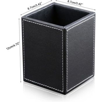 Square single pen holder office desktop storage box, solid color leather storage holder, creative and simple pen holder(black)