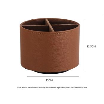 Round Leather Art Supply Organizer,Remote Control Holder,360 Degree Spinning,Multi-Functional Pencil Holder,4 Compartments Desktop Stationary Organizer（brown）