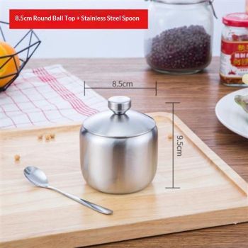 Stainless Steel Sugar Bowl, with Lid and Spoon, Silver, Round, Geometric Pattern, Durable, Rust Resistant, Dishwasher Safe, Home and Kitchen Storage