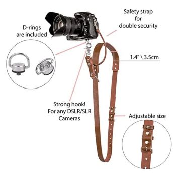 Leather camera shoulder strap, convenient universal digital device adjustment, adjustable back safety belt rope（Brown Third Generation）