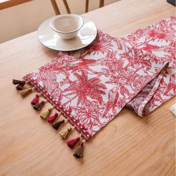 Jacquard red holiday decoration plant table flag tassel tea flag dining flag long strip  for Outdoor Home Party Dining Room Coffee Decor（Red Coconut Tree 33-140cm）