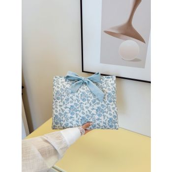 Quilted Bow Book Cover Protective Cover Washable Female Gift Girl Book Lover Gift (Blue Flower 32*27cm)