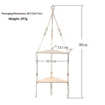 Double layer Bohemian cotton rope hand woven shelf, triangular wooden crafts, home decoration, flower pot storage(white 90*32.5cm)