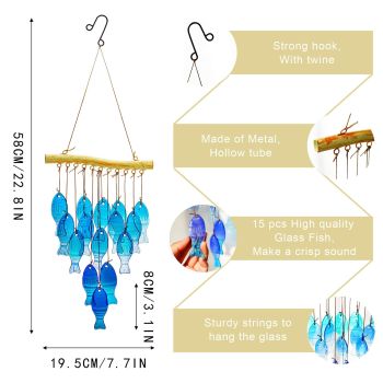 23" Blue Glass Sea Wind Chimes - Handcrafted Fish Wind Chimes for Outside, Beach Party & Wedding Decor