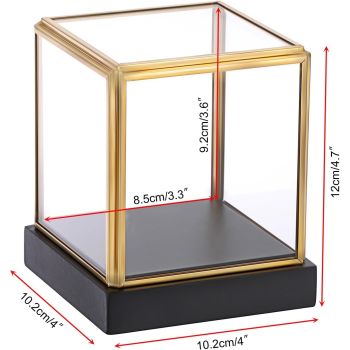 Glass Display Case for Collectibles Vintage Gold Display Box with Black Wood Base for Plants Action Figurine Models Clear Keepsake Box, Square, 3.3x3.3x3.6 Inch