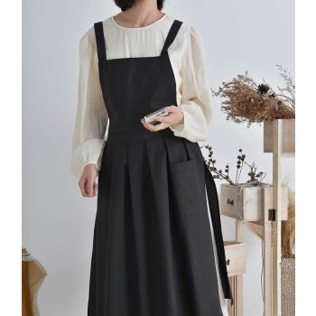 Vintage Cotton Pleated Pinafore Apron Dress with Side Ties, Midi Length, Casual Homeware Style（Black）