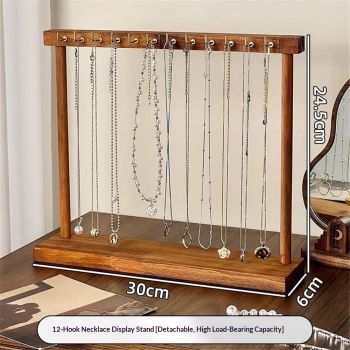 necklace hanger shelf with 12 copper bars, Wooden jewelry storage organizer rack for hanger necklace bracelet, necklace display stand for boutique store