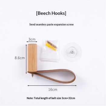 Wooden Hooks with Leather for Wall Mounted Single Hangers, Handmade Craft for Coats Hat Bags Rack 3pcs (beech)