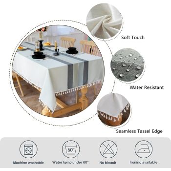 Tablecloths for Rectangle Tables, Cotton Linen Table Cloth Waterproof Tablecloth Wrinkle Free Farmhouse Dining Tables Cover, Soft Fabric Table Cloths with Tassels, Striped gray 90*140cm