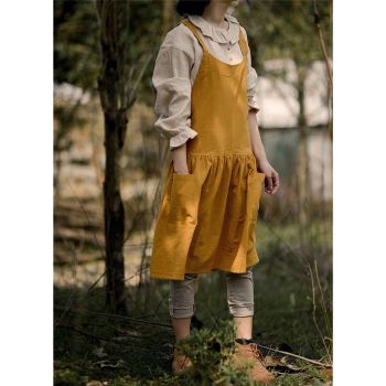 Women's cotton and linen apron with cooking and cleaning pockets, yellow, without waistband (ginger yellow)
