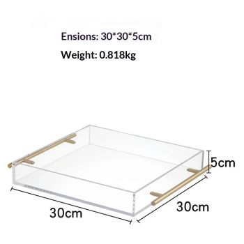 Clear Acrylic Serving Tray with Golden Handles, Sturdy Huge Capacity Acrylic Tray for Coffee, Juice, Kitchen and Desk Organizer, Storage Tray （Golden handle small size）