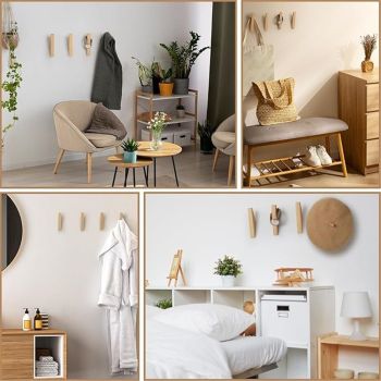 4 Pack Wood Wall Hooks Natural Wooden Coat Hooks Hat Hooks No Damage for Hanging Towels Clothes Adhesive Modern Home Decorative Gift