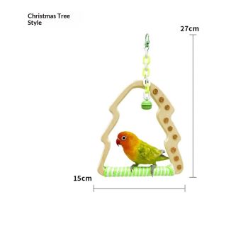 Natural Bird Swing - Tree-Shaped Parrot Perch with Bell and Cork Toys, Spinning Wooden Stand for Parakeets, Budgies, Lovebirds and Small/Medium Birds (White + Green)