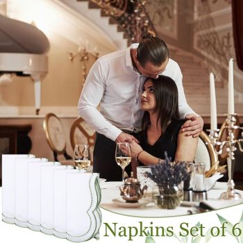 6 Set Cloth Napkins  Scalloped Embroidery Cloth Napkins Washable Polyester Table Dinner for Hotel Restaurant Weddings Events Parties (Bean green border)