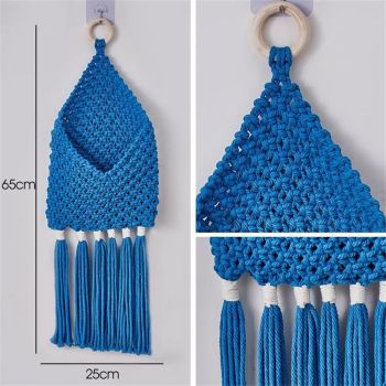 Handwoven Cotton Tassels Wall Hanging Basket Organizers Pocket For Dried Flower Mail Holder Nursery Home Decoration Wall Hanging Basket（Blue）