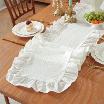 White Ruffle Table Runner Cotton Fabric 35*120CM Farmhouse Rustic Ruffled Edge Table  Wedding Decor for Valentines Baby Bridal Party