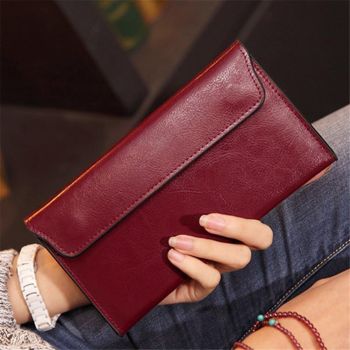 Women's Genuine Real Leather Slim Envelope Wallet with Detached Card Holder with Magnetic Closure, Phone Holder Clutch (Wine Red)