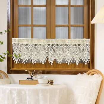 Boho Crochet Lace Sheer Curtain Valance for Kitchen Windows Vintage Valances for Dining Room Living Room Farmhouse Rustic Crochet Valance Rod Pocket 1 Panel （120*38cm）