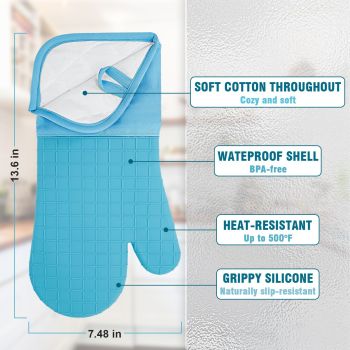 Oven Mitts and Pot Holders 4 Sets, Heat Resistant 500 ℉ Oven Mitt and Pot Holder, Long Oven Mitts with Recycled Cotton Infill and Silicone Non-Slip Surface (Blue)