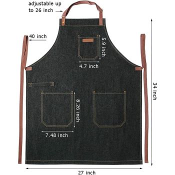 Denim Chef Apron with Pockets, Mens Womens Professional Kitchen Bib Black Apron for Cooking Grill BBQ Server, with Towel Loop and Adjustable Neck Straps