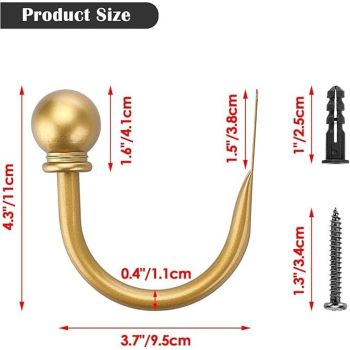 Curtain Holdbacks, Curtain Hooks for Drapes with Screws Wall Mounted Gold Ball Finials Curtain Tiebacks (2pcs)golden