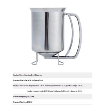 Pancake Batter Dispenser with Funnel, 1000ml, Stainless Steel, for Baking Cupcakes Muffins Crepes Waffles